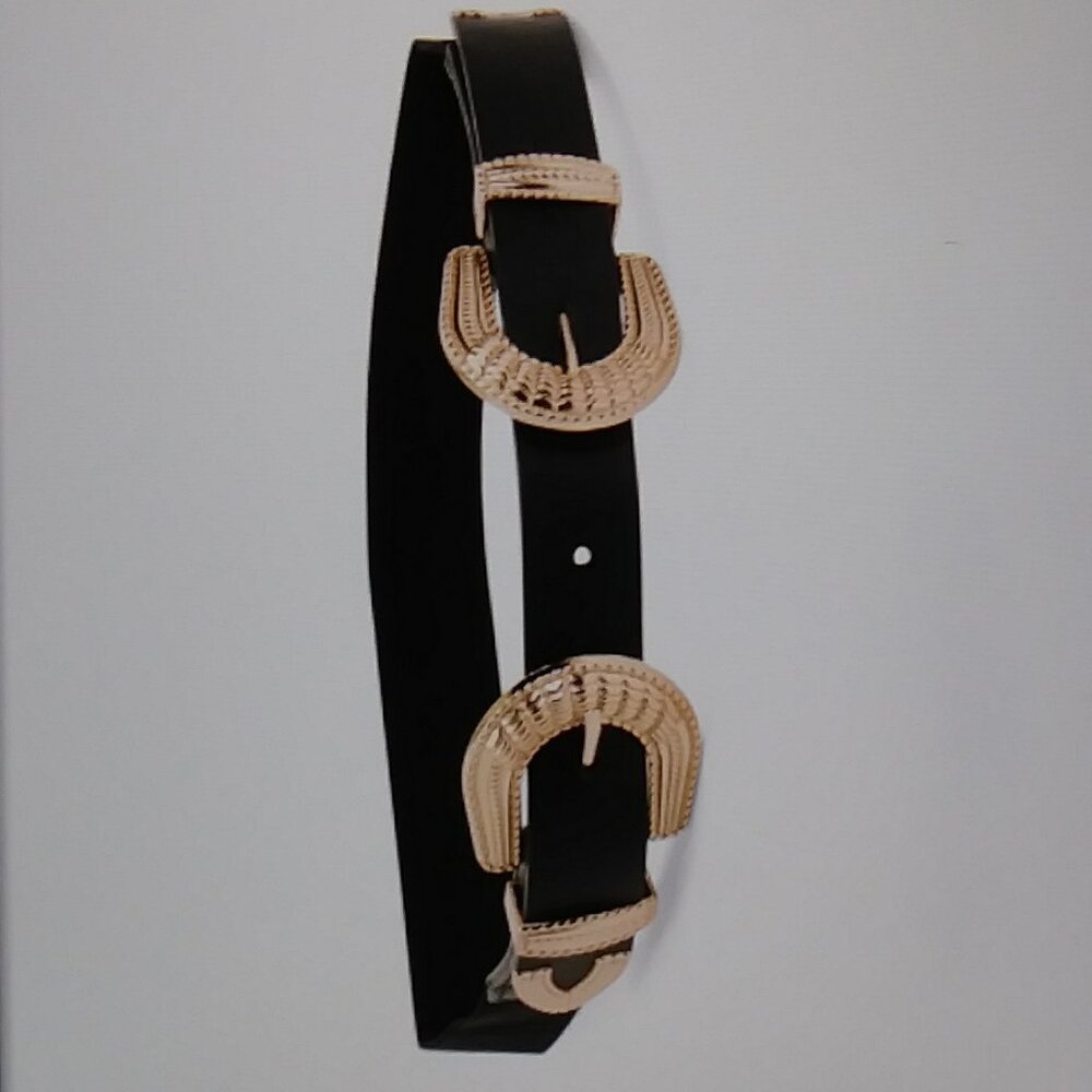 Most Wanted Leather Double Buckle Gold Tone Stretch Belt